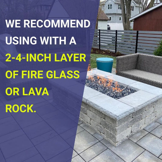 American Fire Products H-style burner recommended with 2-4 inch layer of fire glass or lava rock for enhanced flame appearance