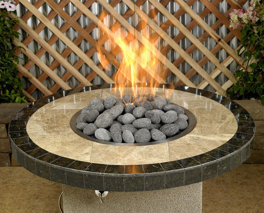 American Fire Products large gray lava stone 2 to 4 inch fire pit media use case in gas fire pit with flames and decorative lava rock