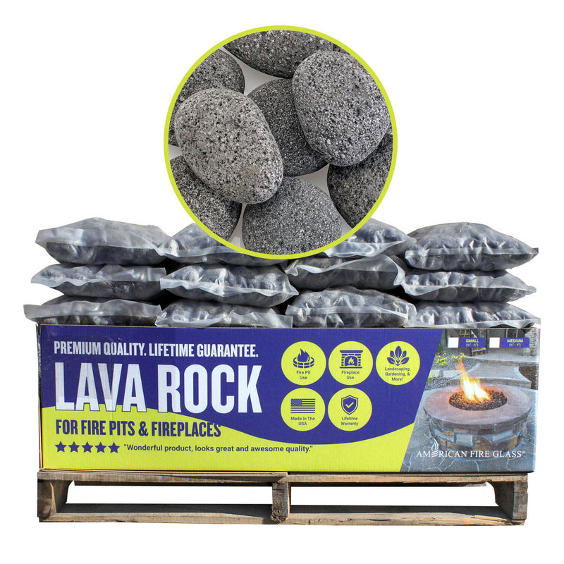 Load image into Gallery viewer, American Fire Products large gray lava stones 2 to 4 inch volcanic rock pallet 60 bags for fire pits and fireplaces natural gas and propane use
