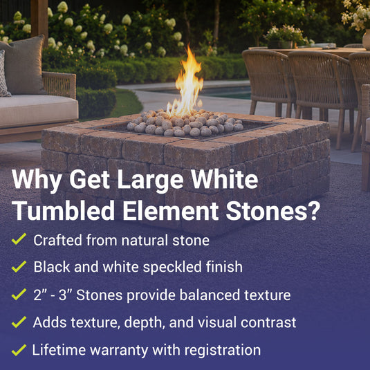 American Fire Products large white tumbled element stone highlighting natural stone construction, black and white speckled finish, 2 to 3 inch stone size, balanced texture, visual contrast, and lifetime warranty with registration