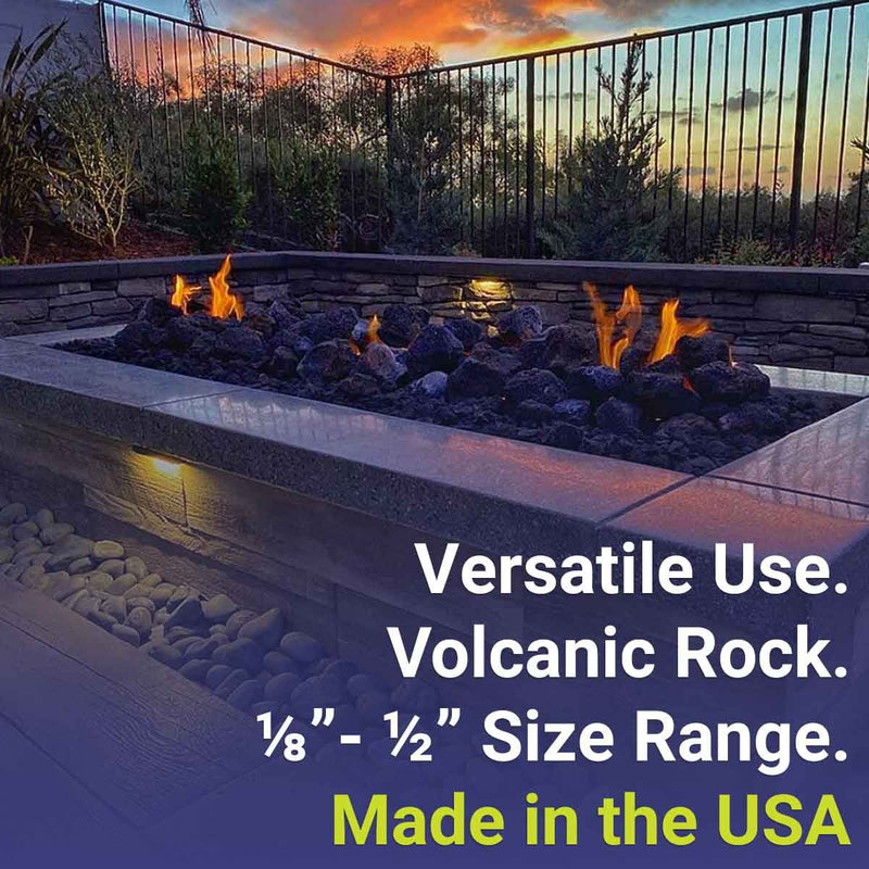 Load image into Gallery viewer, American Fire Products lava rock small showcasing features and benefits including natural volcanic material, high heat resistance, porous structure, and use in fire pits, fireplaces, and gas fire features
