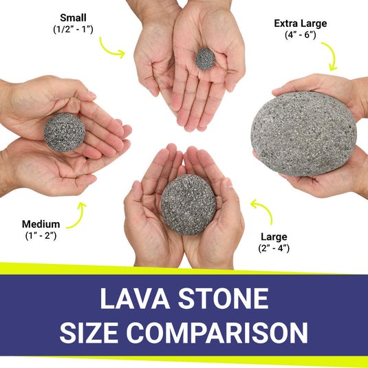 American Fire Products lava stone size comparison showing small medium large and extra large volcanic fire pit media stones side by side from 1/2 inch to 6 inch sizes