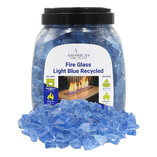 American Fire Products 10 lbs jar of Light Blue Medium fire pit glass made from tempered decorative glass for fire pits and fireplaces