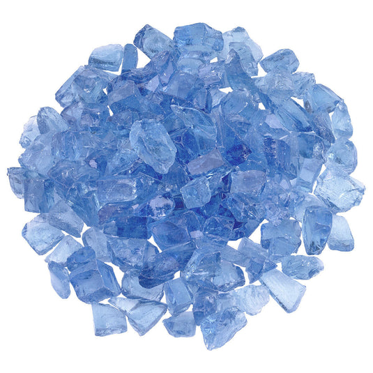 American Fire Products Light Blue Medium fire pit glass creating a vibrant reflective flame display in an outdoor fire pit