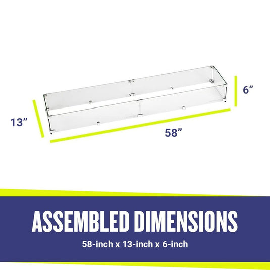 American Fire Products Linear 58 inch x 13 inch glass flame guard showing assembled dimensions for outdoor fire pits