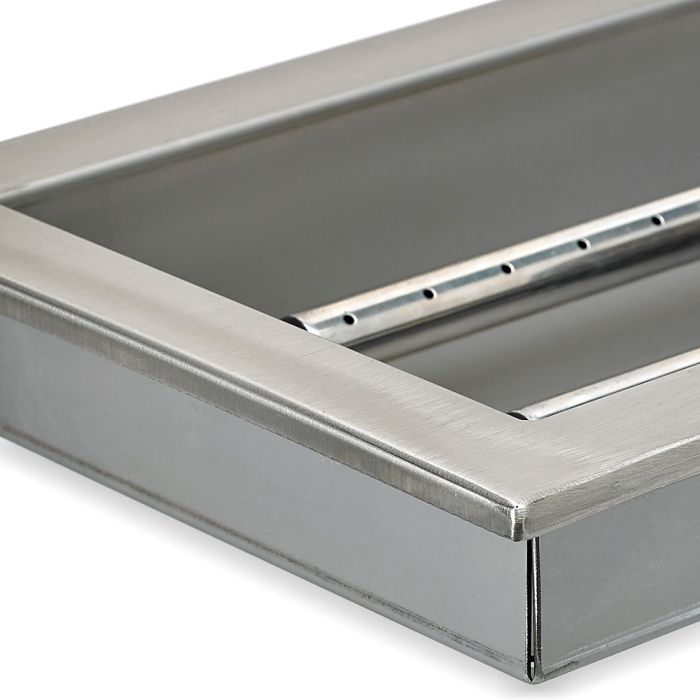 Load image into Gallery viewer, Close-up detail of stainless steel construction of linear burner pan showing brushed metal surface and burner slot design for fire pit use
