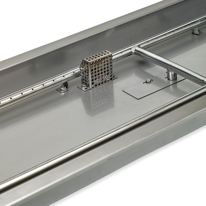 Load image into Gallery viewer, Close-up detail of stainless steel construction of linear burner pan showing brushed metal surface and burner slot design for fire pit use
