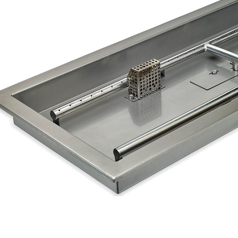Load image into Gallery viewer, Close-up detail of stainless steel construction of linear burner pan showing brushed metal surface and burner slot design for fire pit use
