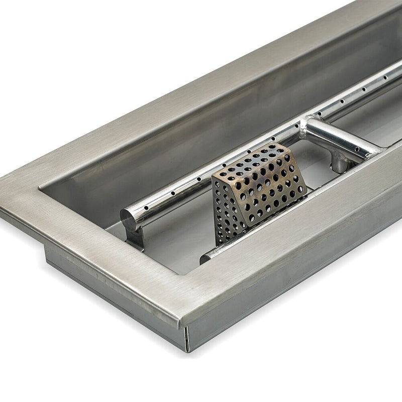Load image into Gallery viewer, Close-up detail of stainless steel construction of linear burner pan showing brushed metal surface and burner slot design for fire pit use
