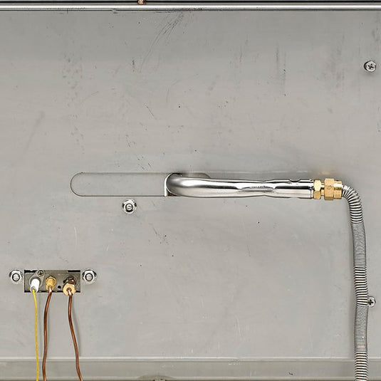 American Fire Products high capacity stainless steel linear drop-in fire pit pan CSA certified system showing back panel detail with electric ignition control, gas valve assembly, and connection components for large outdoor fire features