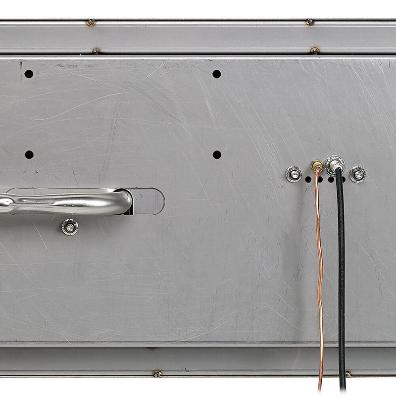 Load image into Gallery viewer, American Fire Products low capacity stainless steel linear drop-in fire pit pan CSA certified system showing back panel detail with compact electric ignition control, gas valve assembly, and connection components for small outdoor fire features

