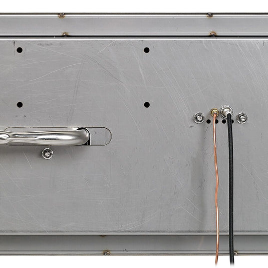American Fire Products low capacity stainless steel linear drop-in fire pit pan CSA certified system showing back panel detail with compact electric ignition control, gas valve assembly, and connection components for small outdoor fire features