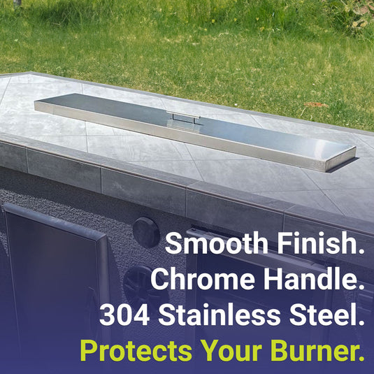 American Fire Products linear stainless steel fire pit pan cover featuring a smooth brushed finish, chrome handle, durable 304 stainless steel construction, and burner protection
