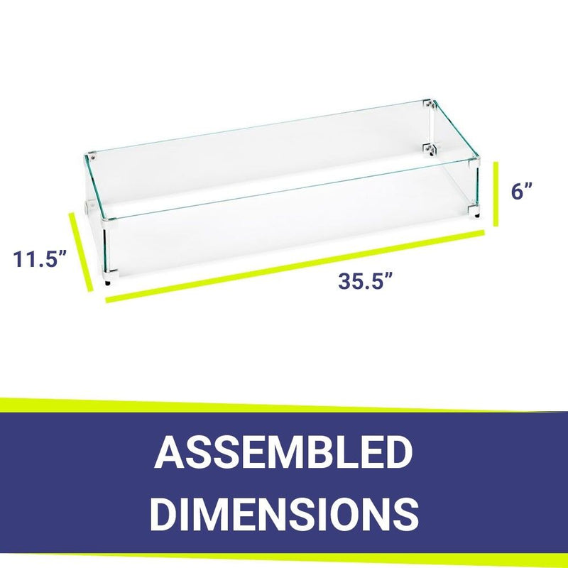 Load image into Gallery viewer, American Fire Products linear tempered glass flame guard dimension 35.5 inch by 11.5 inch by 6 inch for fire pit wind protection and flame stability outdoor fire feature
