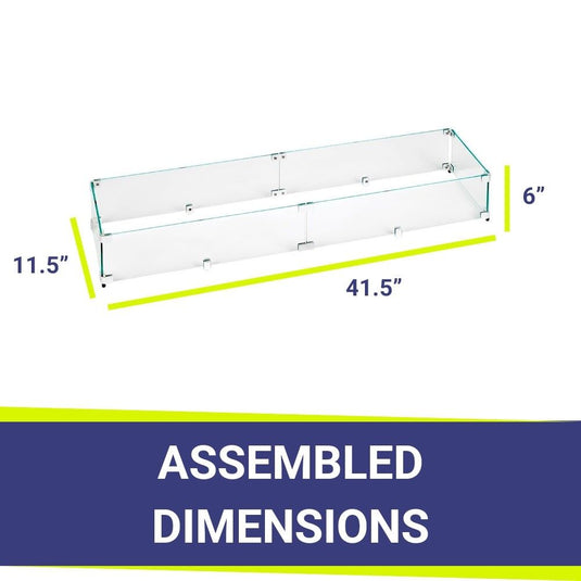 American Fire Products linear tempered glass flame guard dimension 41.5 inch by 11.5 inch by 6 inch for fire pit wind protection and flame stability outdoor fire feature