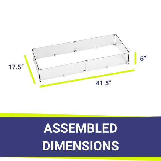 American Fire Products linear tempered glass flame guard dimension 41.5 inch by 17.5 inch by 6 inch for fire pit wind protection and flame stability outdoor fire feature