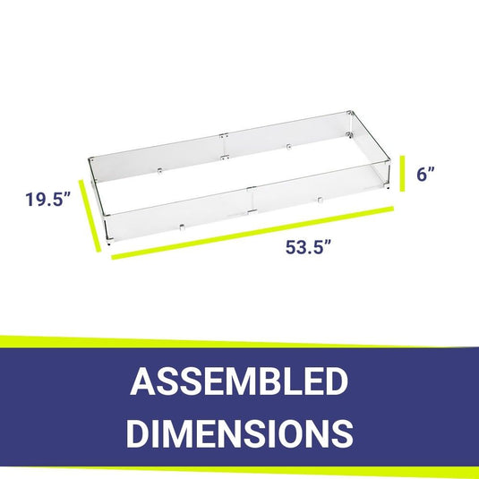 American Fire Products linear tempered glass flame guard dimension 53.5 inch by 19.5 inch by 6 inch for fire pit wind protection and flame stability outdoor fire feature