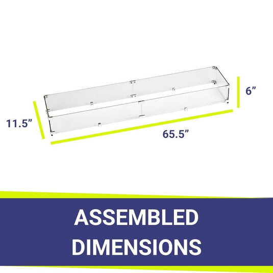 American Fire Products linear tempered glass flame guard dimension 65.5 inch by 11.5 inch by 6 inch for fire pit wind protection and flame stability outdoor fire feature