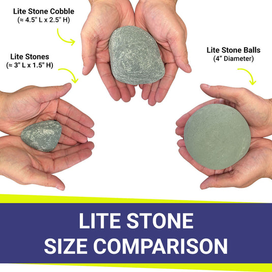 American Fire Products Lite Stone size comparison showing Lite Stone Cobble, Lite Stones, and Lite Stone Balls with product dimensions