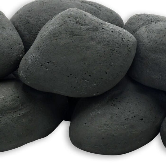 American Fire Products Matte Black Lite Stone Cobble close-up showing realistic stone texture, unique shapes, and matte black finish