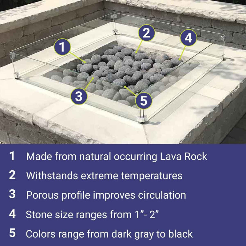 Load image into Gallery viewer, American Fire Products medium gray lava stone 1–2 inch fire pit media showing features and benefits including heat resistance improved airflow durability and enhanced flame presentation in gas fire features
