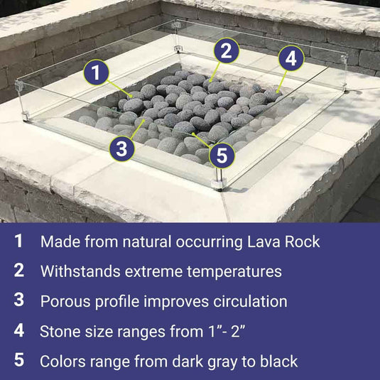 American Fire Products medium gray lava stone 1–2 inch fire pit media showing features and benefits including heat resistance improved airflow durability and enhanced flame presentation in gas fire features