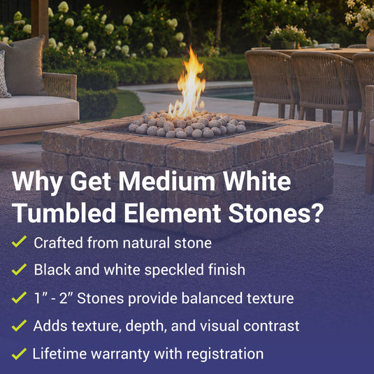 American Fire Products medium white tumbled element stone highlighting natural stone construction, black and white speckled finish, 1 to 2 inch stone size, balanced texture, visual contrast, and lifetime warranty with registration