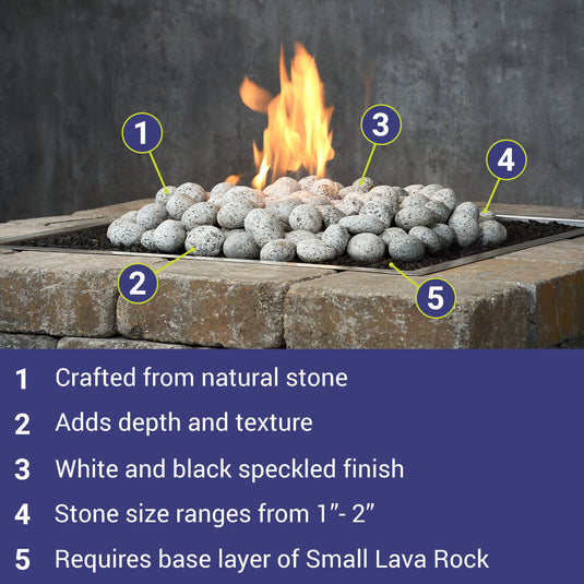 American Fire Products medium white tumbled element stone featuring natural stone construction, added texture and depth, white and black speckled finish, 1 to 2 inch stone size, and small lava rock base layer requirement