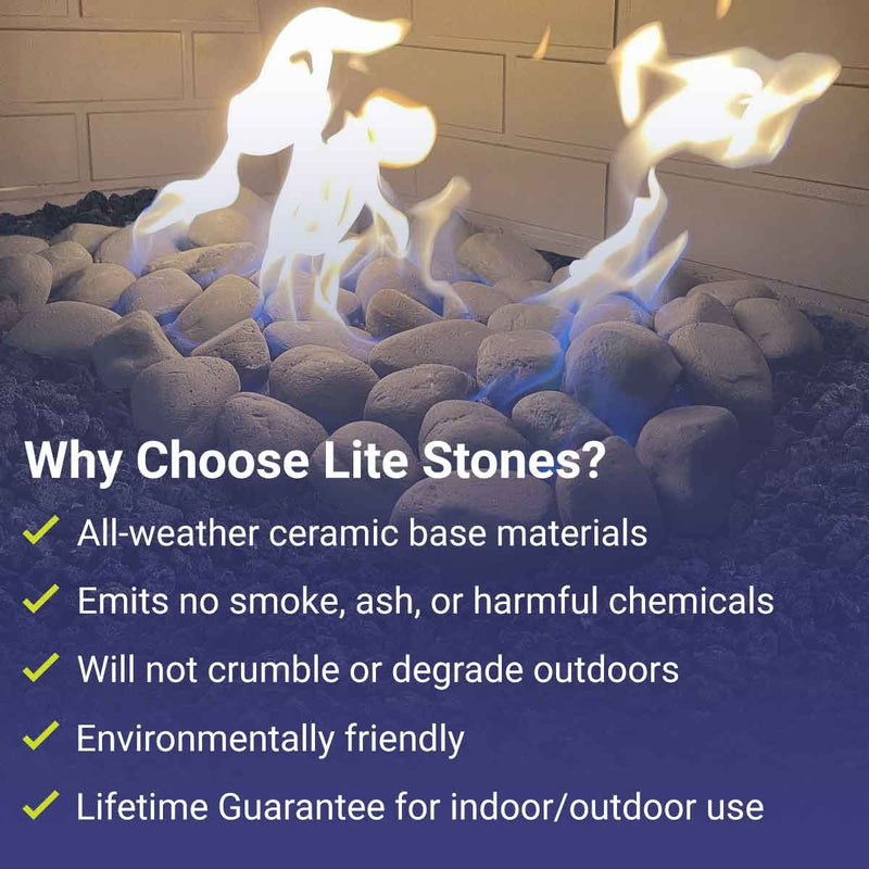 Load image into Gallery viewer, American Fire Products Natural Set Lite Stones features and benefits including heat resistance, natural stone appearance, and flame enhancement for fire pit media applications
