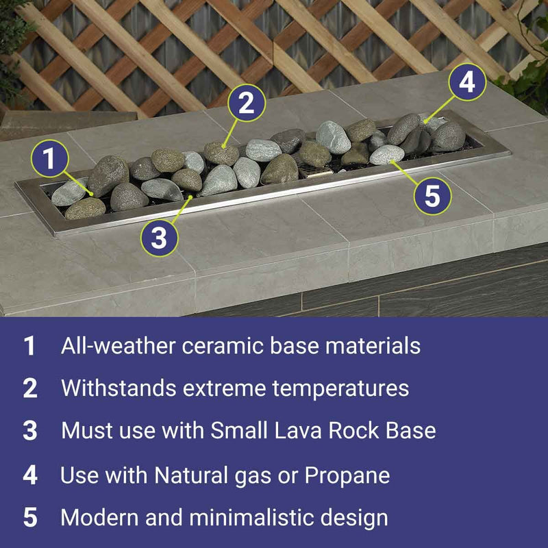 Load image into Gallery viewer, American Fire Products Natural Set Lite Stones decorative fire pit media showing features and benefits including heat resistance natural appearance and flame enhancement for fire features
