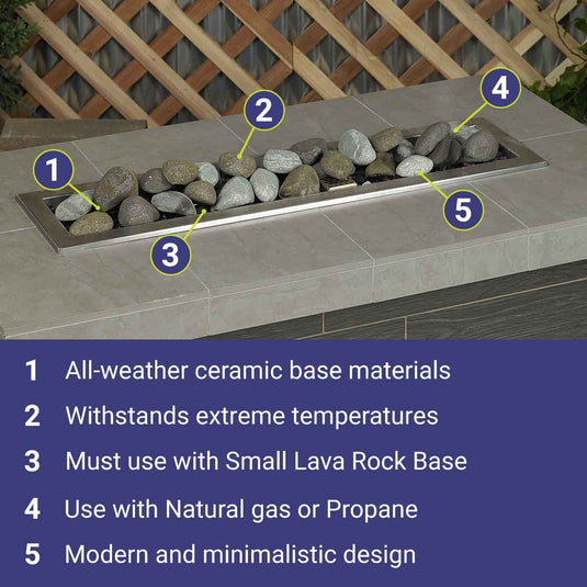 American Fire Products Natural Set Lite Stones decorative fire pit media showing features and benefits including heat resistance natural appearance and flame enhancement for fire features