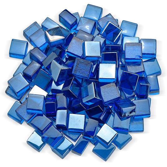 American Fire Products 1/2 inch Pacific Blue Luster 2.0 Fire Glass Cubes featuring vibrant blue tempered glass for decorative fire pits and fireplaces