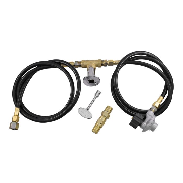 Load image into Gallery viewer, American Fire Products propane fire pit installation accessories including 4 foot gas hose, 5 foot gas hose, regulator, chrome key valve with key, and air mixer shown together in one kit image
