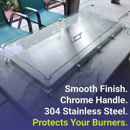 American Fire Products rectangular stainless steel fire pit pan cover featuring a smooth brushed finish, chrome handle, durable 304 stainless steel construction, and burner protection