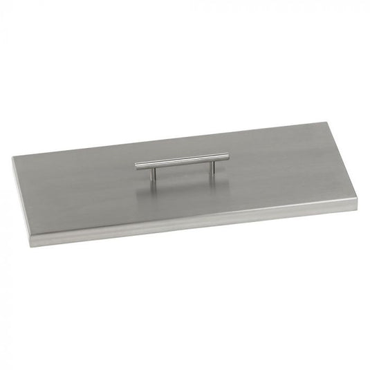 American Fire Products rectangular stainless steel cover for drop-in fire pit pan with brushed finish and chrome handle