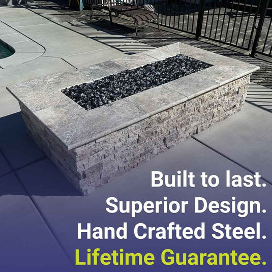 American Fire Products stainless steel rectangular flat fire pit pan featuring handcrafted construction, superior design, durable performance, and a Lifetime Guarantee.