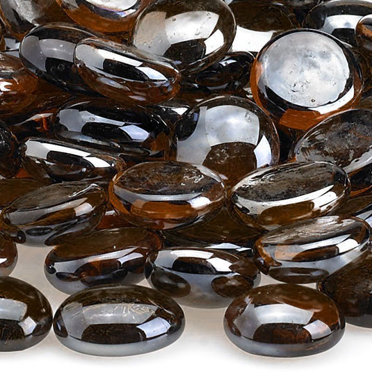 Close-up of American Fire Products Root Beer Luster Fire Beads showing the brown luster finish and tempered fire glass