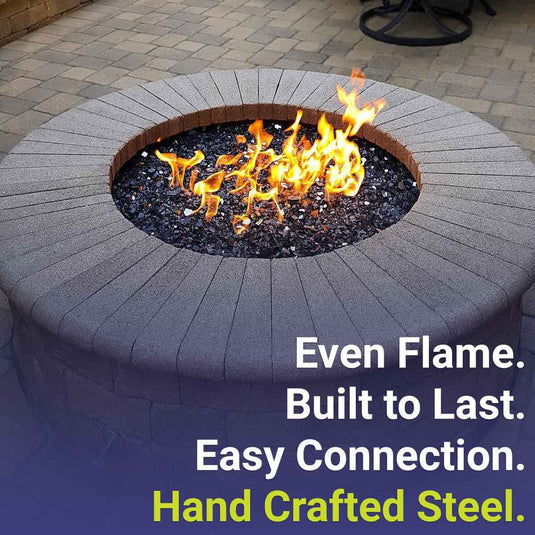 American Fire Products stainless steel round flat fire pit pan with ring burner featuring even flame distribution, built-to-last performance, easy gas connection, and handcrafted steel construction.