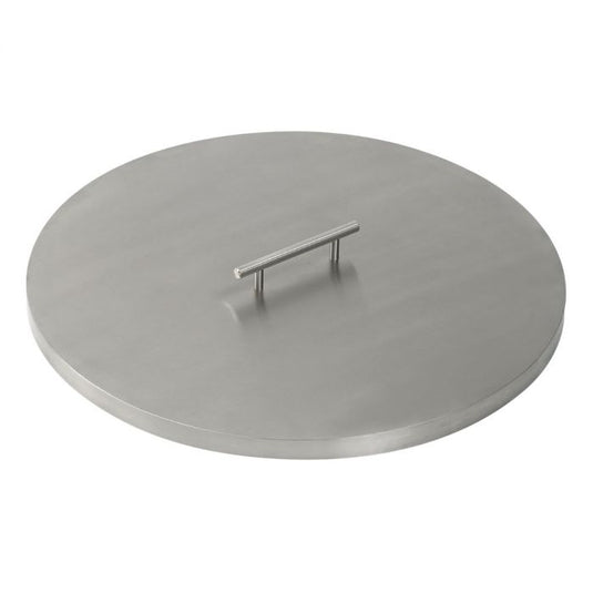 American Fire Products round stainless steel cover for drop-in fire pit pan with brushed finish and chrome handle