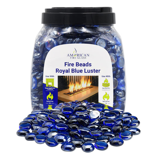 American Fire Products 10 lbs jar of Royal Blue Luster fire beads featuring deep blue tempered glass designed for decorative fire pits and fireplaces with a luxury reflective flame effect