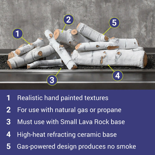 American Fire Products Formation Creation Sierra Birch ceramic gas fire pit logs featuring realistic hand-painted white birch textures, natural gas and propane compatibility, small lava rock base requirement, high-temperature refractory ceramic construction, and clean-burning gas design