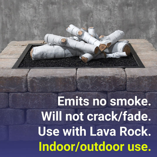 American Fire Products Formation Creation Sierra Birch ceramic gas fire pit logs highlighting clean-burning performance with no smoke, high heat durability without cracking or fading, lava rock base requirement, and indoor and outdoor use