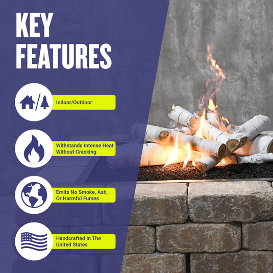 American Fire Products Formation Creation Sierra Birch ceramic gas fire pit logs highlighting indoor and outdoor use, high heat resistance, clean-burning performance with no smoke or ash, and handcrafted USA construction