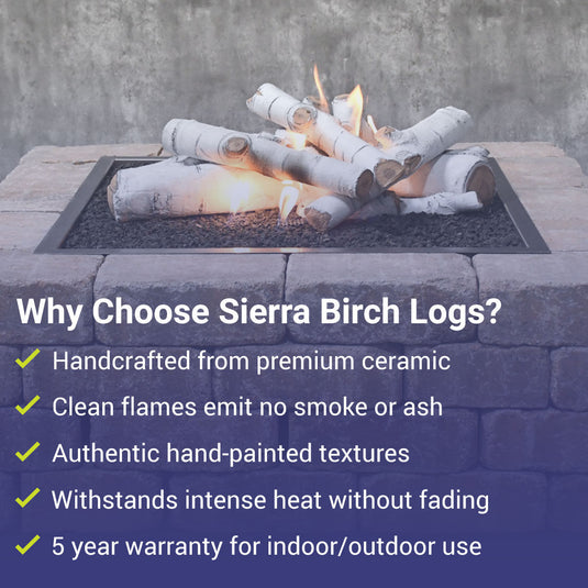 American Fire Products Formation Creation Sierra Birch ceramic gas fire pit logs highlighting premium ceramic construction, clean-burning flames, authentic hand-painted white birch textures, high heat resistance, and 5 year warranty for indoor and outdoor use