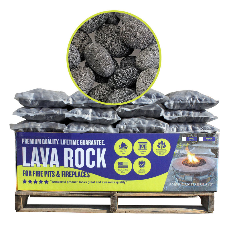 Load image into Gallery viewer, American Fire Products Small Gray Lava Stone 1/2 to 1 inch volcanic fire pit media pallet 60 x 20 lb bags for indoor and outdoor gas fire features
