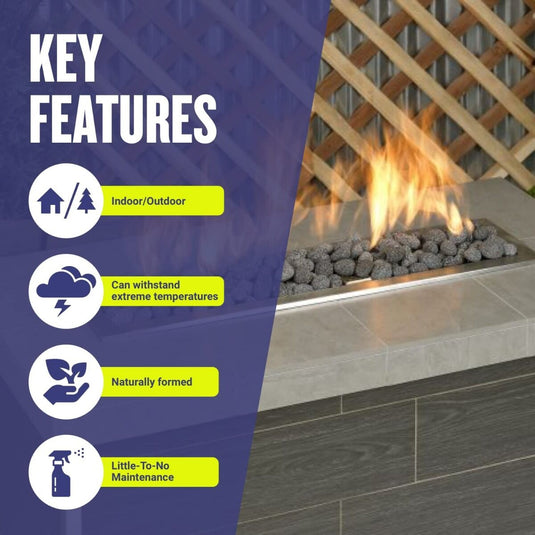 American Fire Products small gray tumbled lava stones showing key features and benefits including natural appearance, improved heat distribution, durability, and low maintenance for gas fire pits and fireplaces