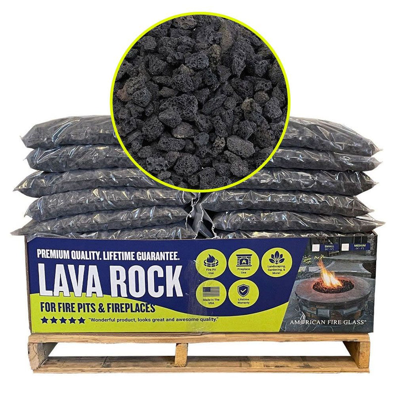 Load image into Gallery viewer, American Fire Products small lava rock pallet with 60 bags of 20 lb natural volcanic rock for fire pits and fireplaces
