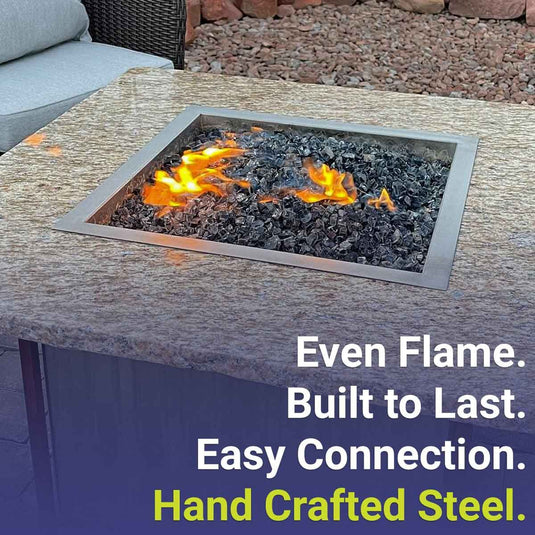 American Fire Products stainless steel square drop-in fire pit pan featuring even flame distribution, handcrafted steel construction, easy gas connection, and built-to-last performance