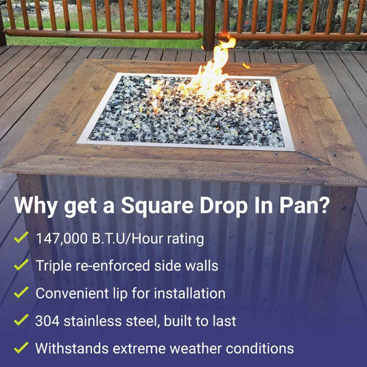 American Fire Products stainless steel square drop-in fire pit pan with 18 inch fire ring featuring 147000 BTU maximum heat output, triple reinforced side walls, convenient installation lip, 304 stainless steel construction, and weather-resistant performance