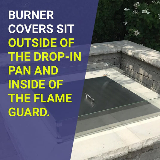 American Fire Products burner cover installed outside the drop-in fire pit pan and inside the flame guard for added protection